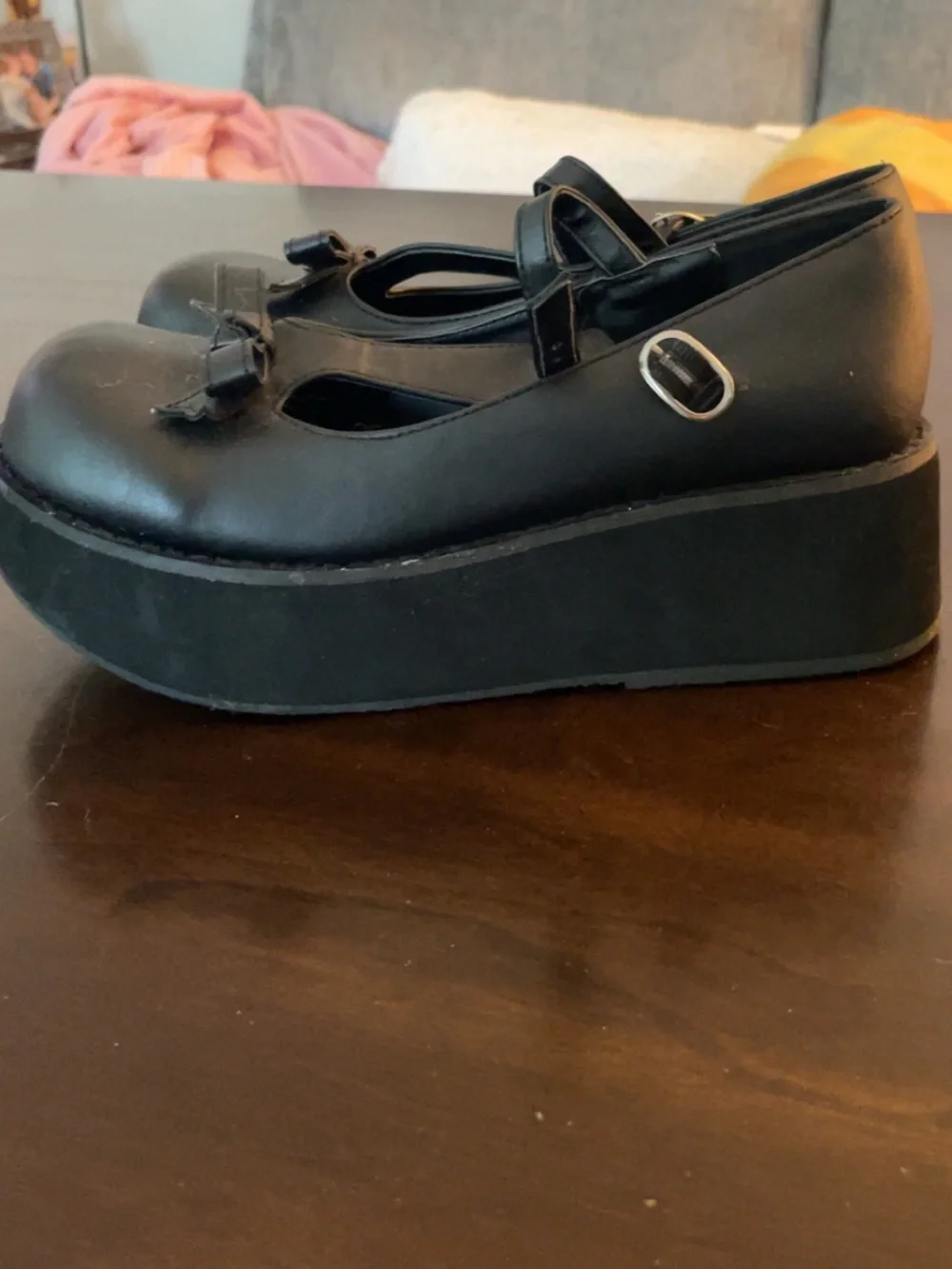 Demonia Black T-Strap Platform Mary Janes with Bow